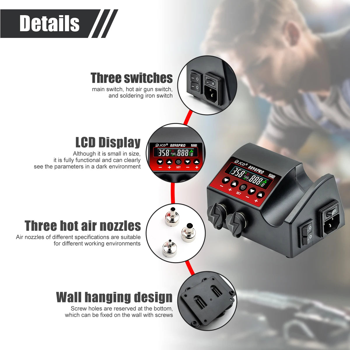 JCD 8898Pro Soldering Station 2 in 1 Hot Air Gun Solder Iron LCD Digital Display For Cell-Phone SMD BGA IC Repair Solder Tools