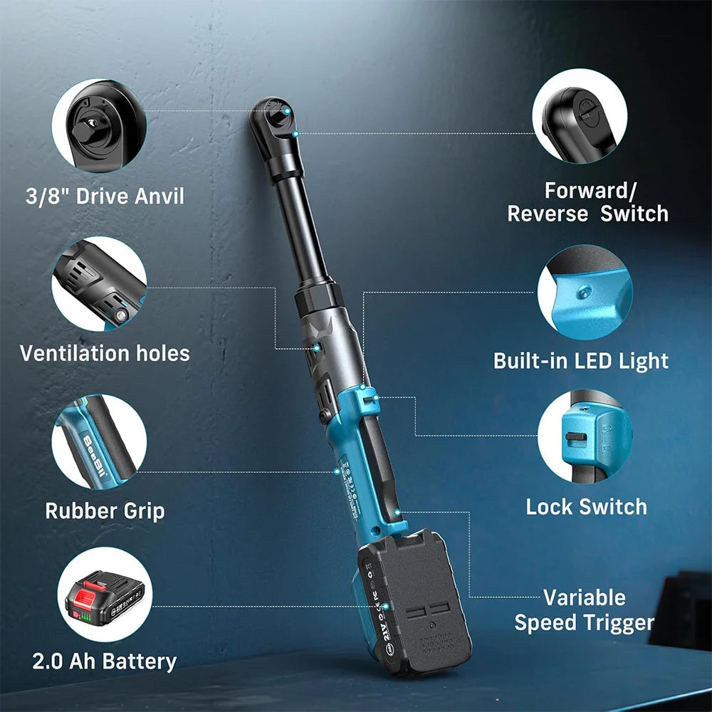 Seesii 3/8'' 80Nm Cordless Electric Wrench 6'' Extended Ratchet Wrench Electric Angle Wrench Driver Auto Repair Tools Set 12V