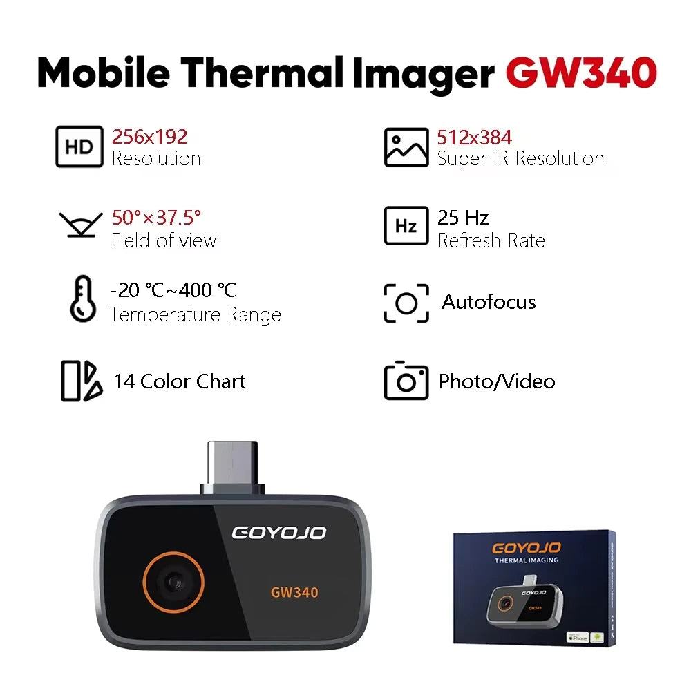 GW340 Thermal Camera for Android/iPhone (USB-C), 512x384 Super Resolution (256x192 Native IR), Thermal Imager Samsung/iOS 17/16/15 Series & IPads USB-C Port, HVAC, Automotive -4°F~752°F