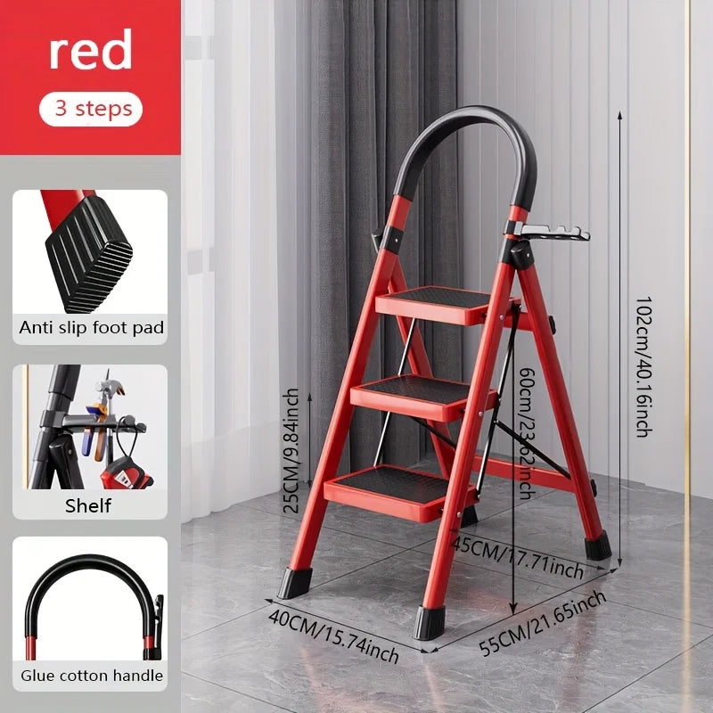 Red 3-Step Foldable Ladder with Tool Shelf & Anti-Slip Foot Pads - Reinforced Steel Frame, Glue Cotton Handle, Compact Storage for Home, Office & DIY Projects