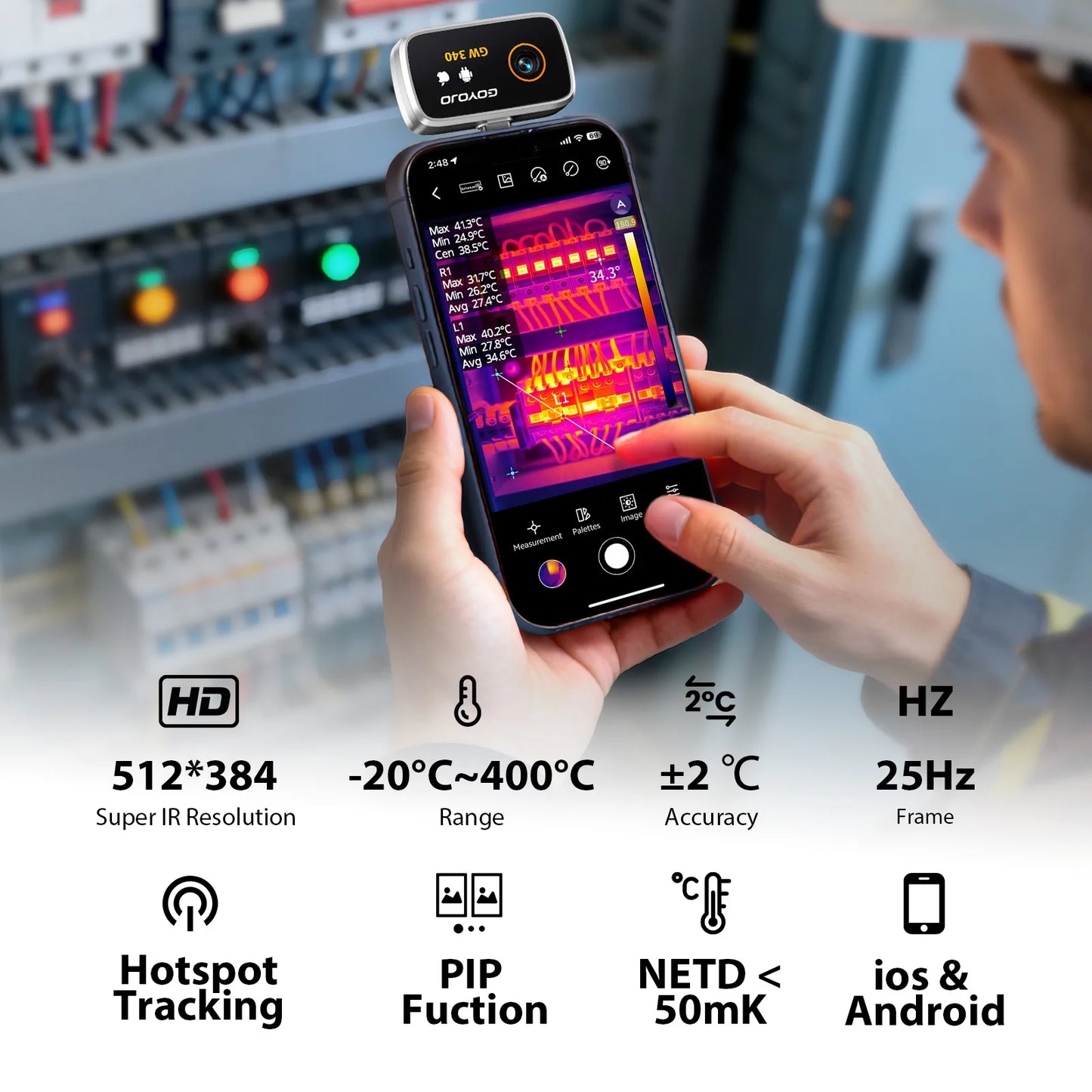 GW340 Thermal Camera for Android/iPhone (USB-C), 512x384 Super Resolution (256x192 Native IR), Thermal Imager Samsung/iOS 17/16/15 Series & IPads USB-C Port, HVAC, Automotive -4°F~752°F