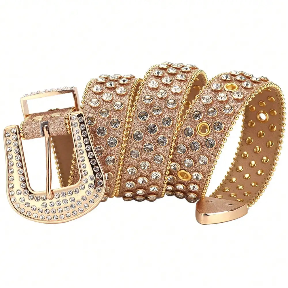 Golden Rhinestone Belt For Men Western Cowboy Cowgirl Bling Bling Crystal Studded Designer Leather Diamond Waist Belt