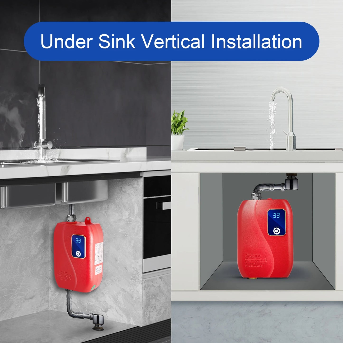 3000W Instant Water Heater 68-122℉ Kitchen Mini Electric Water Heater with Digital Display Red Tankless Water Heater