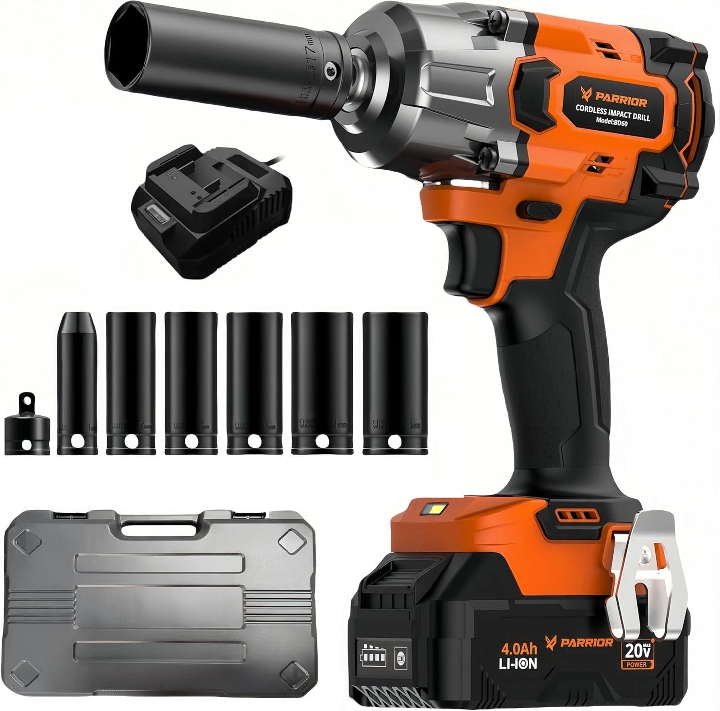 Impact Wrench 3-Speed Torque (380/600/900N.m) 1/2" Chuck + 3/8" Adapter 4Ah Battery & 2.0A Fast Charger (60min Charge) 6 Sockets Included – For Automotive Repair Heavy-Duty Tasks DIY