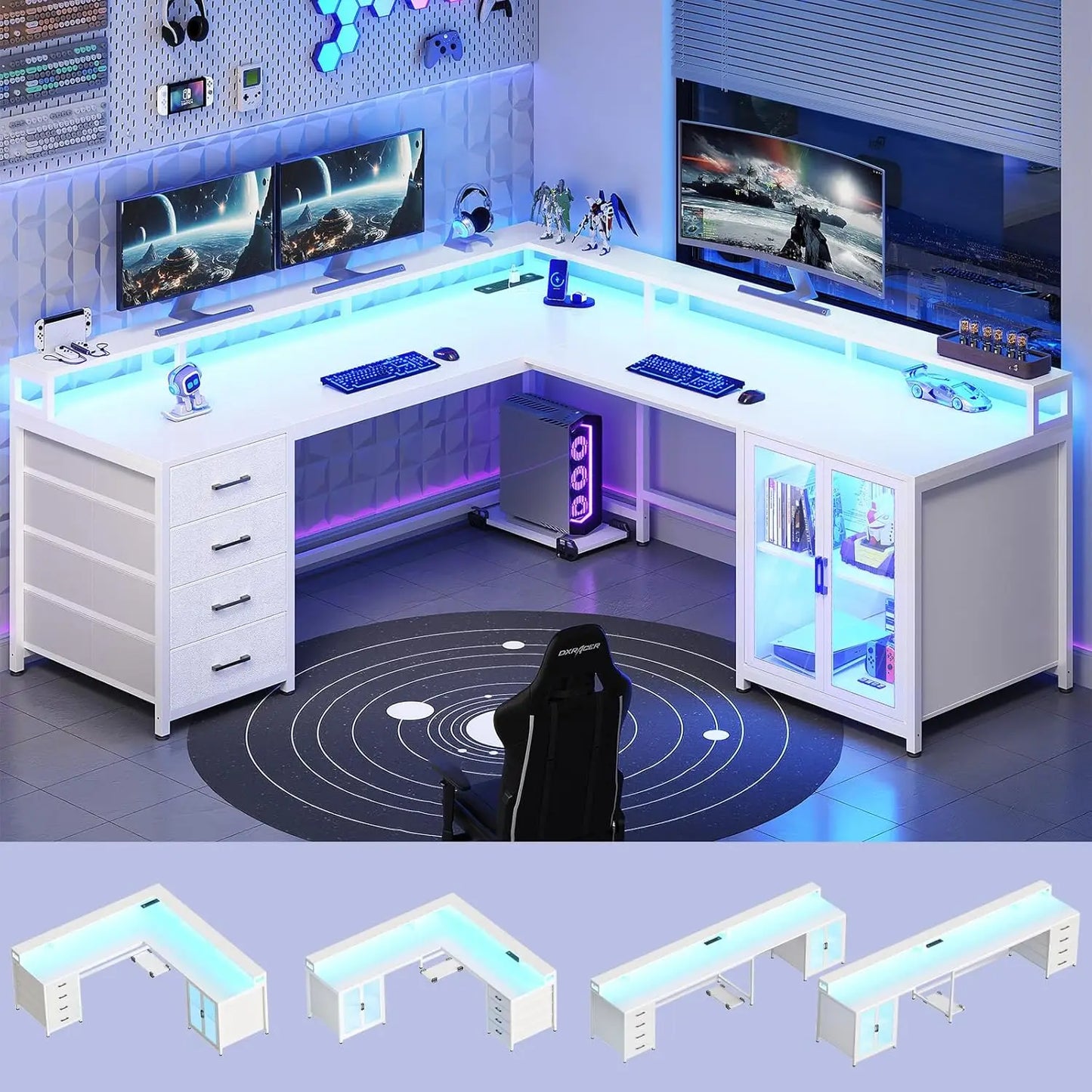 L Shaped Gaming Desk with 4 Drawers, Computer Desk with Display Cabinet, Home Office Desks with 2 Monitor Stands, Customized
