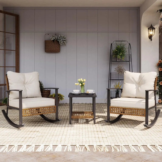 3-Piece Rocking Bistro Set, Outdoor Patio Furniture with Thick Cushions and 2-Tier Coffee Table, Oversize Rattan, Customized