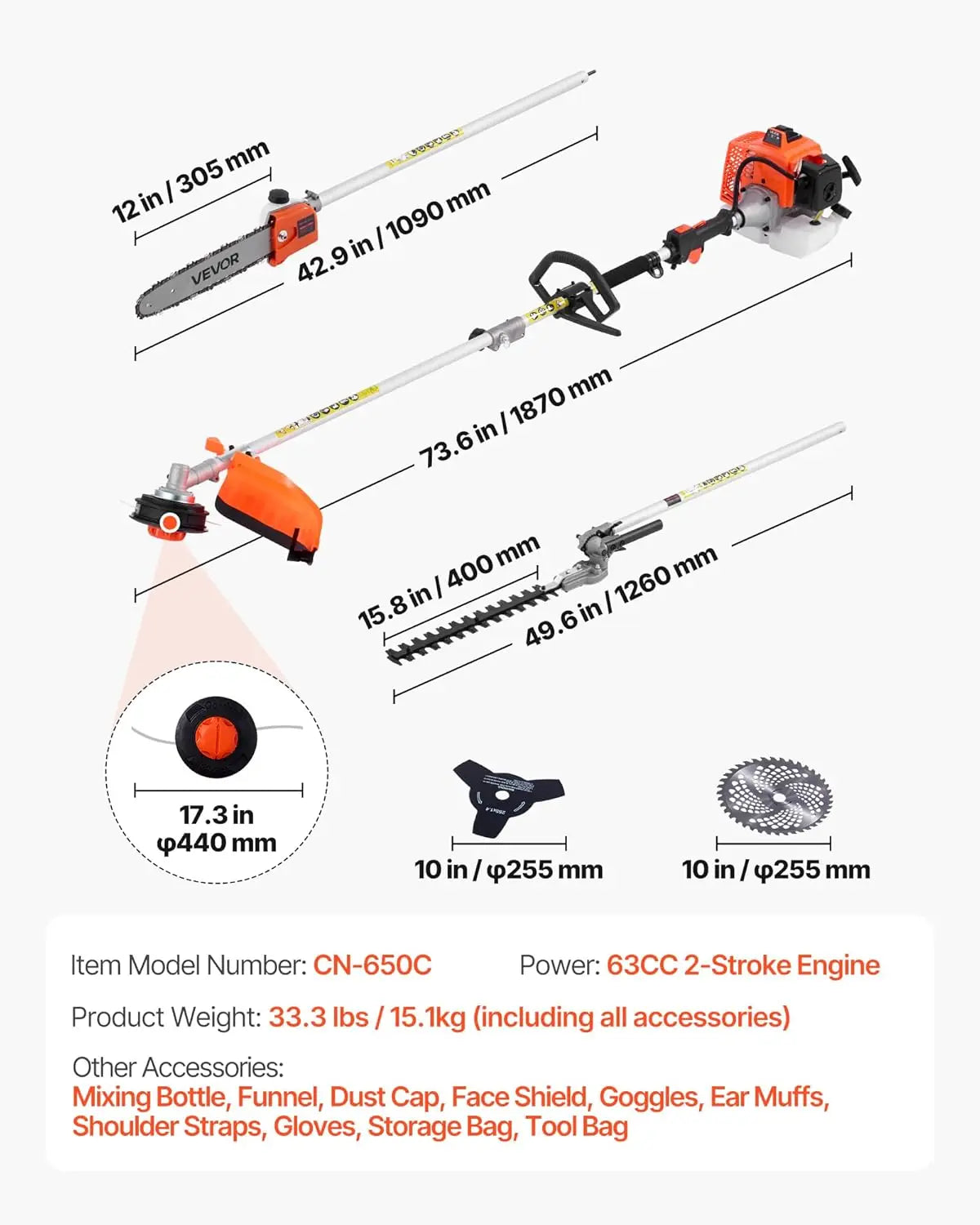 Gas Hedge Trimmer, 2 Cycle Gas Power Handheld Hedge Trimmer, 5-in-1 63cc Cordless Weed Eater with Protective Gear Set