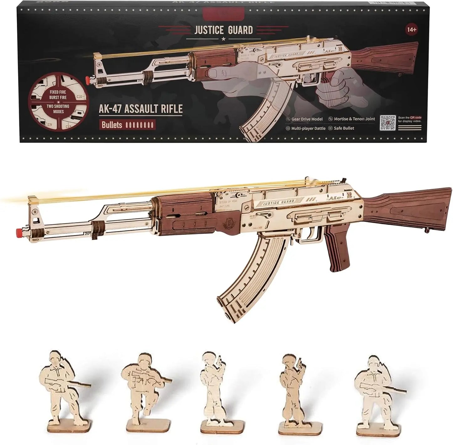 ROKR AK47 wooden rifle model toy, DIY rubber band gun, 3D wooden model assembly kit, single shot/burst mode