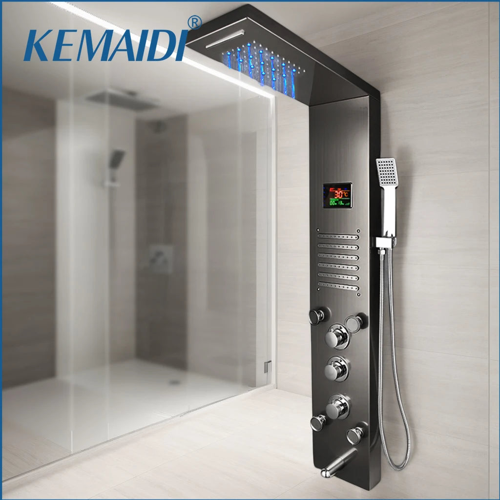 KEMAIDI Black LED Shower Panel Set Bathroom Rainfall Shower Column Set Rain Massage Shower System w/ Body Jets Digital Display