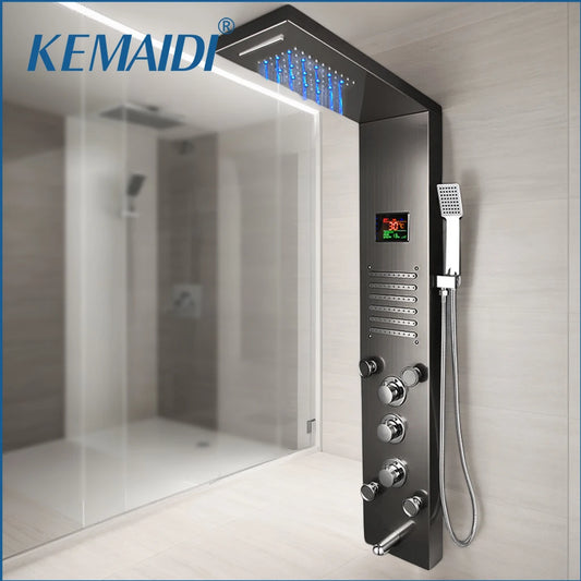 KEMAIDI Black LED Shower Panel Set Bathroom Rainfall Shower Column Set Rain Massage Shower System w/ Body Jets Digital Display