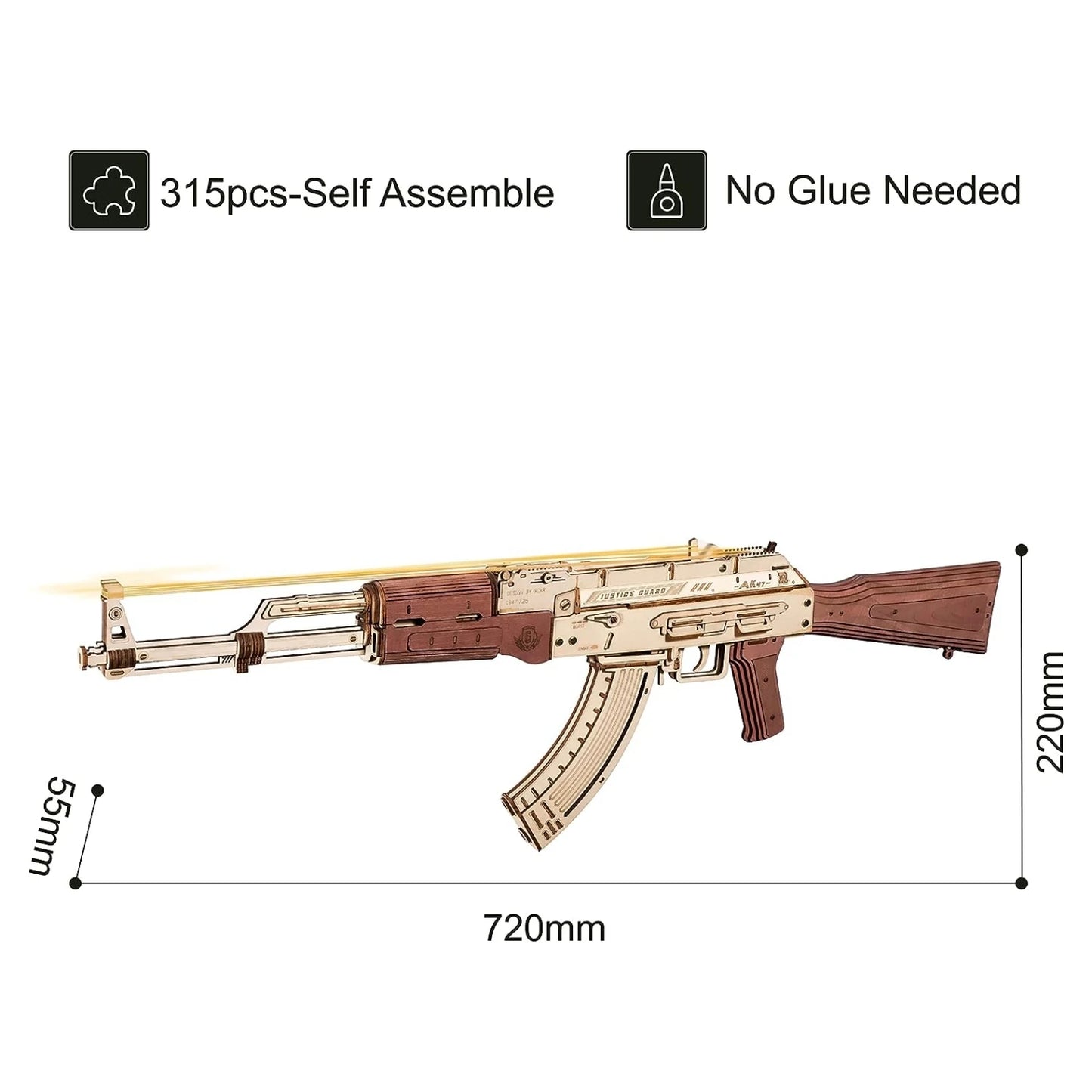 ROKR AK47 wooden rifle model toy, DIY rubber band gun, 3D wooden model assembly kit, single shot/burst mode