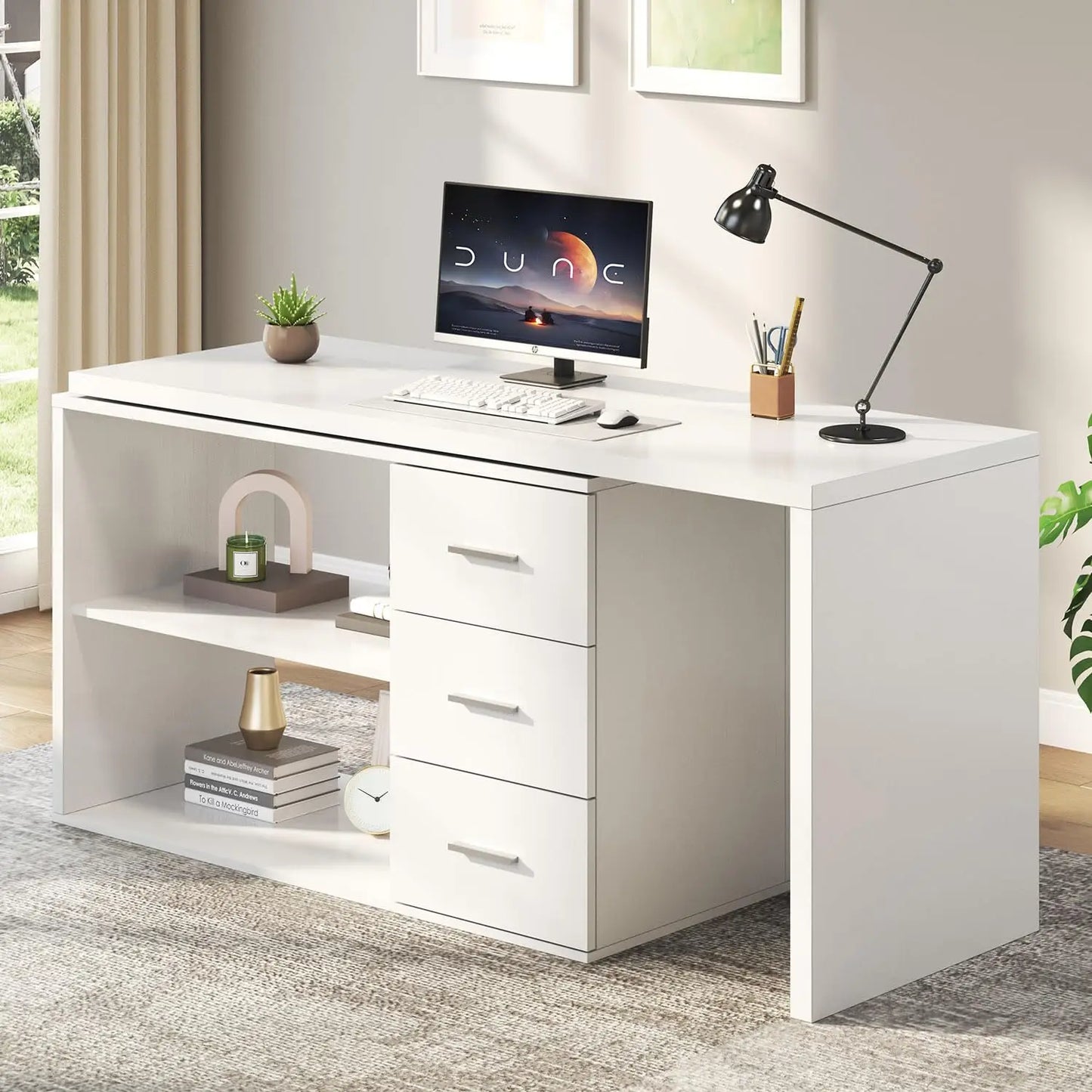 White L Shaped Desk with Drawers Shelves, 360 Rotating Office Computer Desk with Storage Cabinet, Corner Home, Customized