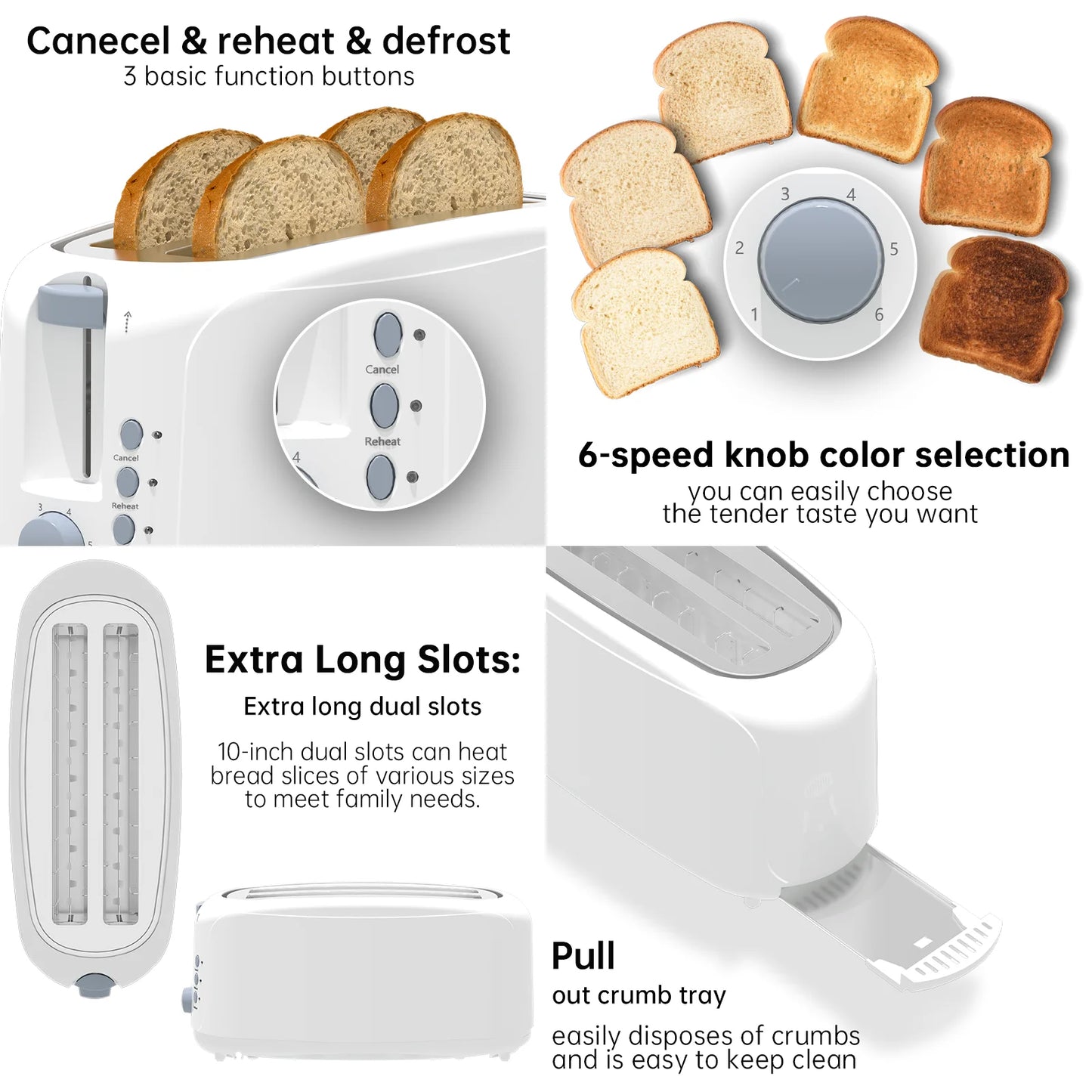 4 Slice Extra Long Slot Toaster with 6 Browning Levels & Defrost/Reheat Functions