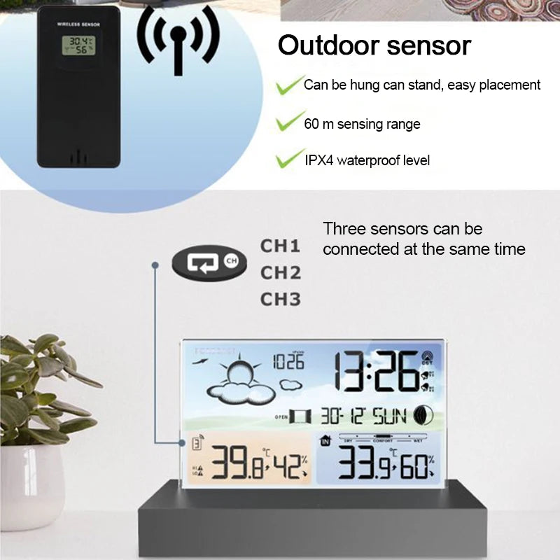 Digital Weather Station, Weather Forecast, Alarm Clock Indoor Outdoor Temperature & Humidity Meter Calendar, Sauna, Desktop Deco