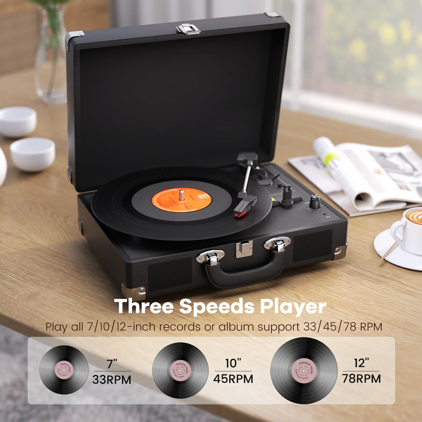 Maio 3-Speed Record Player With Built-in Stereo Speakers