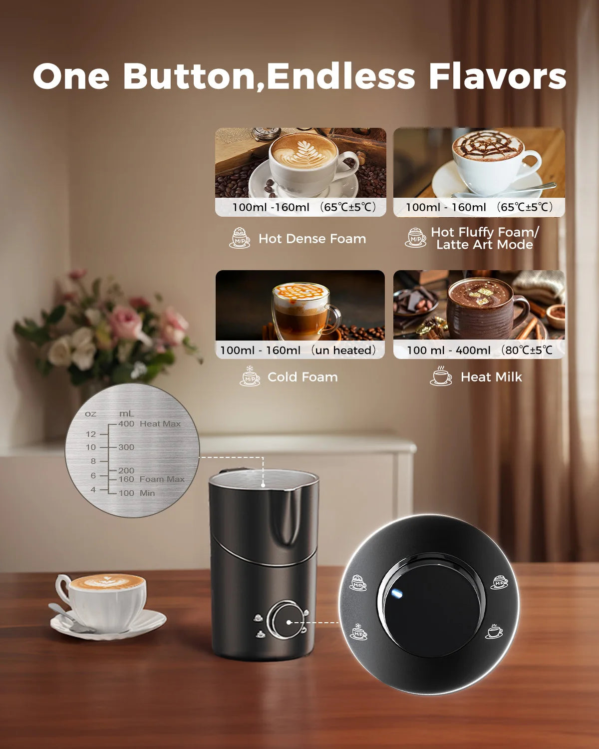 Milk Frother and Steamer 8-in-1 Electric Frother for Coffee, 400ml Large Capacity Detachable Milk Steamer Easy to Clean