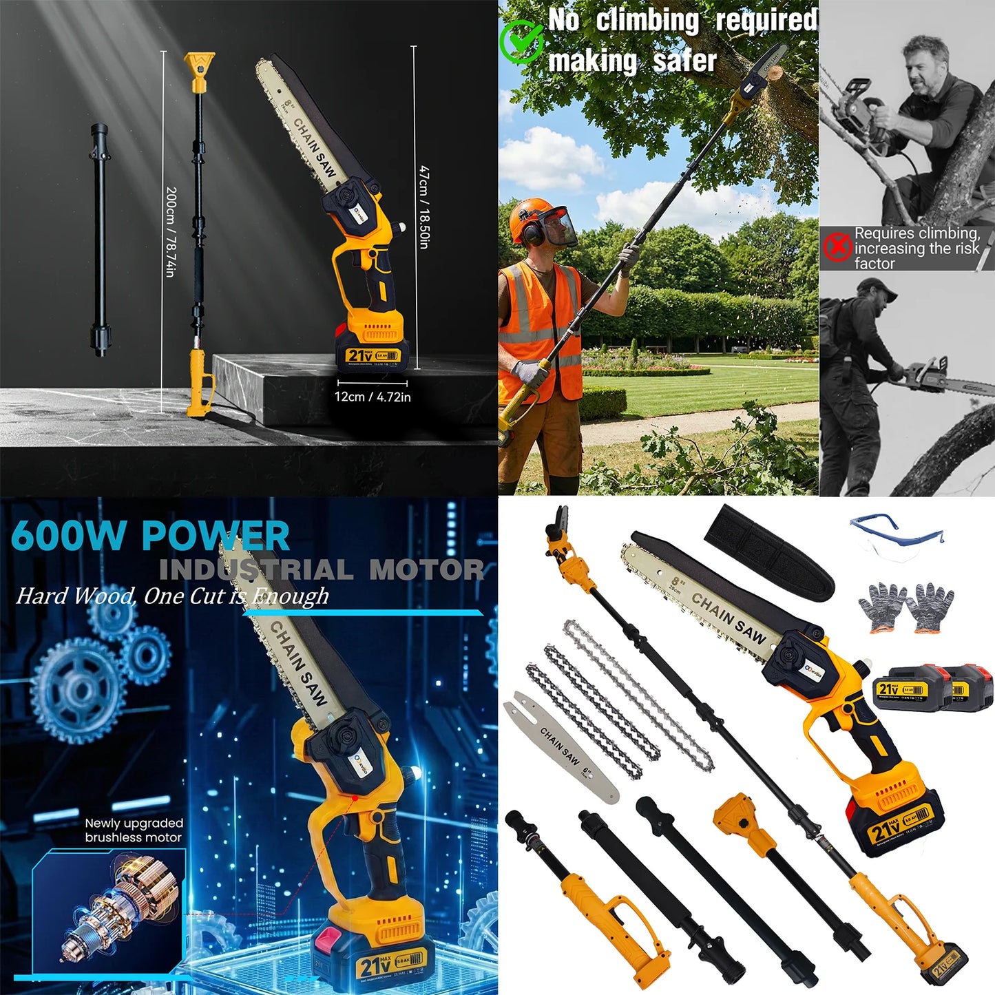 2-in-1 Electric Pole Saws, 6"&8"Cordless Power Saw with Extension Pole, Two 21V 3.0Ah Batteries for Wood Cutting/Tree Trimming
