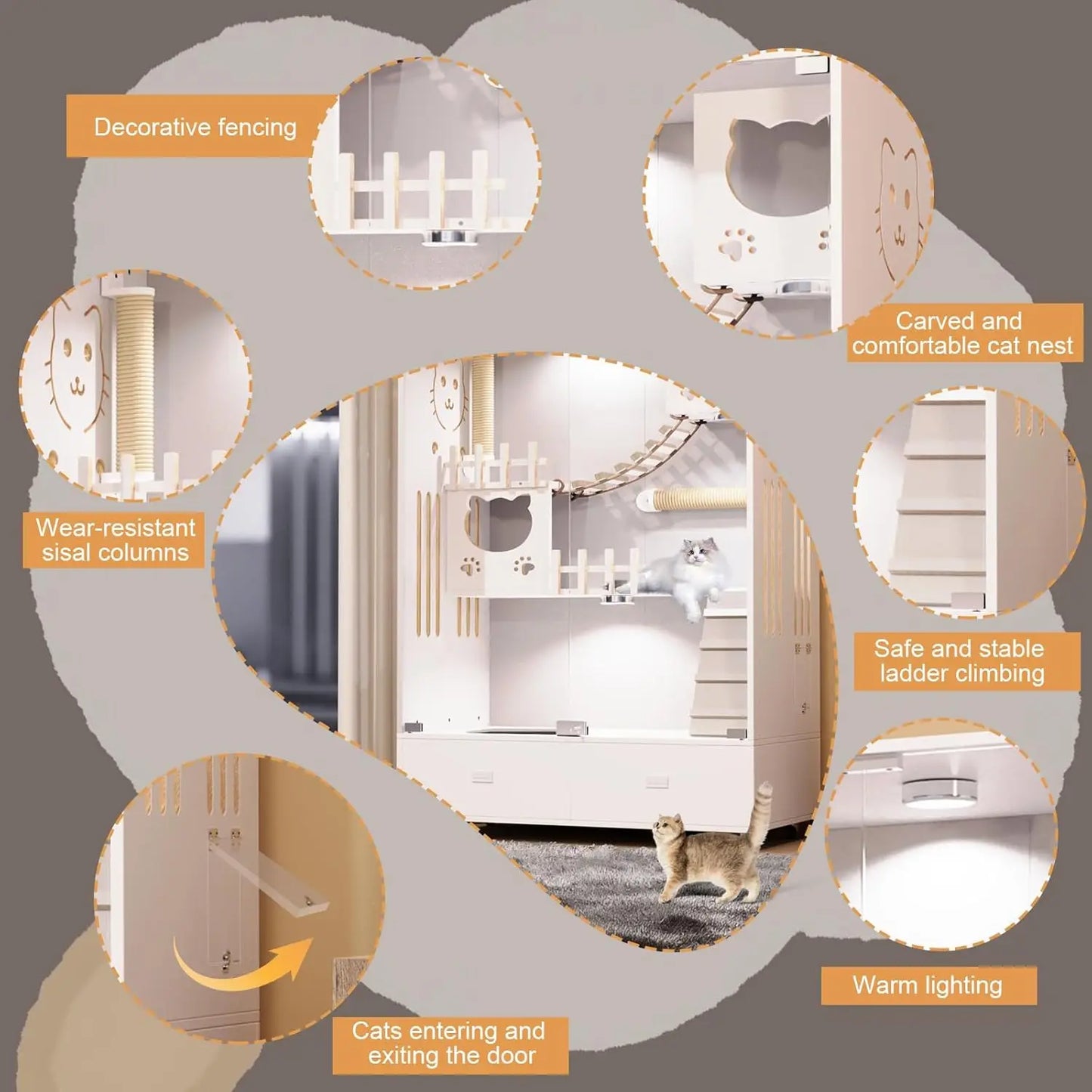 Large Wooden Cat Enclosure Indoor Villa Drawer Wheels Glass Doors 57x36x24 White, Customized