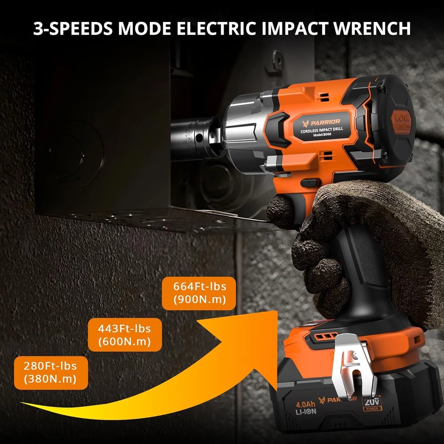 Impact Wrench 3-Speed Torque (380/600/900N.m) 1/2" Chuck + 3/8" Adapter 4Ah Battery & 2.0A Fast Charger (60min Charge) 6 Sockets Included – For Automotive Repair Heavy-Duty Tasks DIY