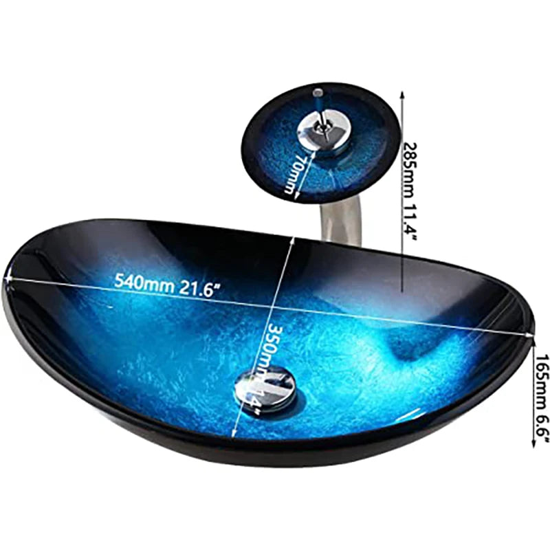 KEMAIDI Bathroom Sink Countertop Basin Bowl with Faucet Washroom Vessel Vanity Sinks Tempered Glass Basin Washbasin Faucet Set