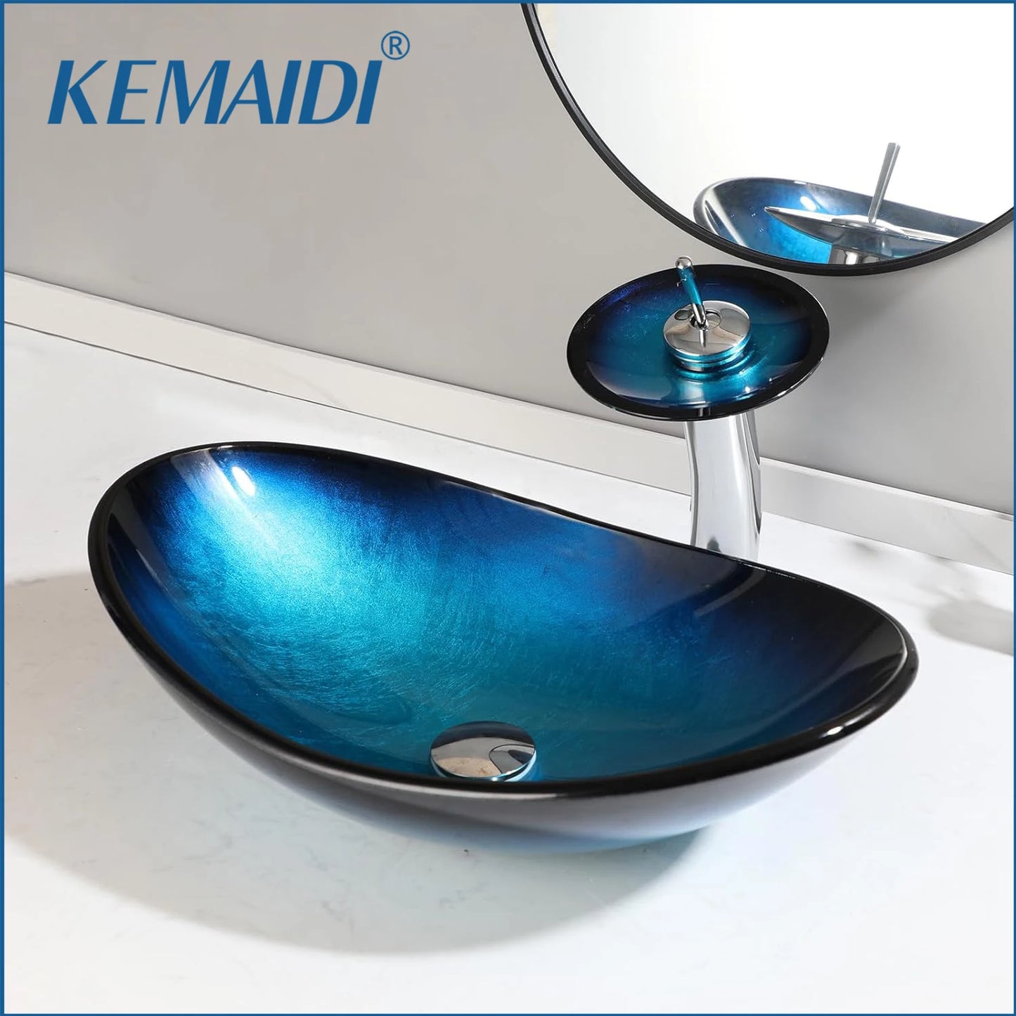 KEMAIDI Bathroom Sink Countertop Basin Bowl with Faucet Washroom Vessel Vanity Sinks Tempered Glass Basin Washbasin Faucet Set