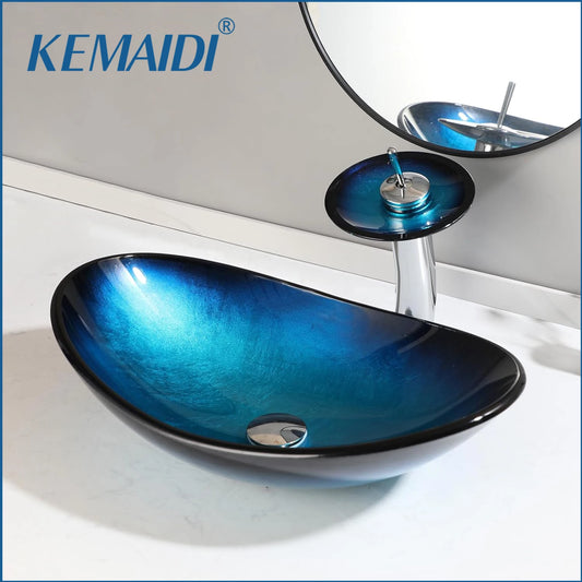 KEMAIDI Bathroom Sink Countertop Basin Bowl with Faucet Washroom Vessel Vanity Sinks Tempered Glass Basin Washbasin Faucet Set