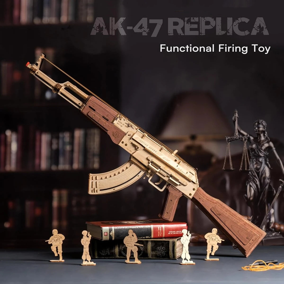 ROKR AK47 wooden rifle model toy, DIY rubber band gun, 3D wooden model assembly kit, single shot/burst mode