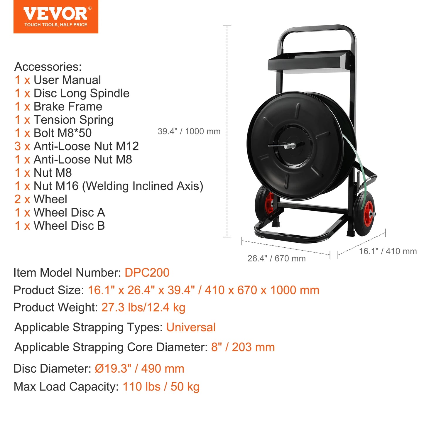 SucceBuy Banding Strapping Cart 8"/16" Core Size Strapping Dispenser with Anti-Retreat Pulleys for PET/PP/Fiber Strapping Coils