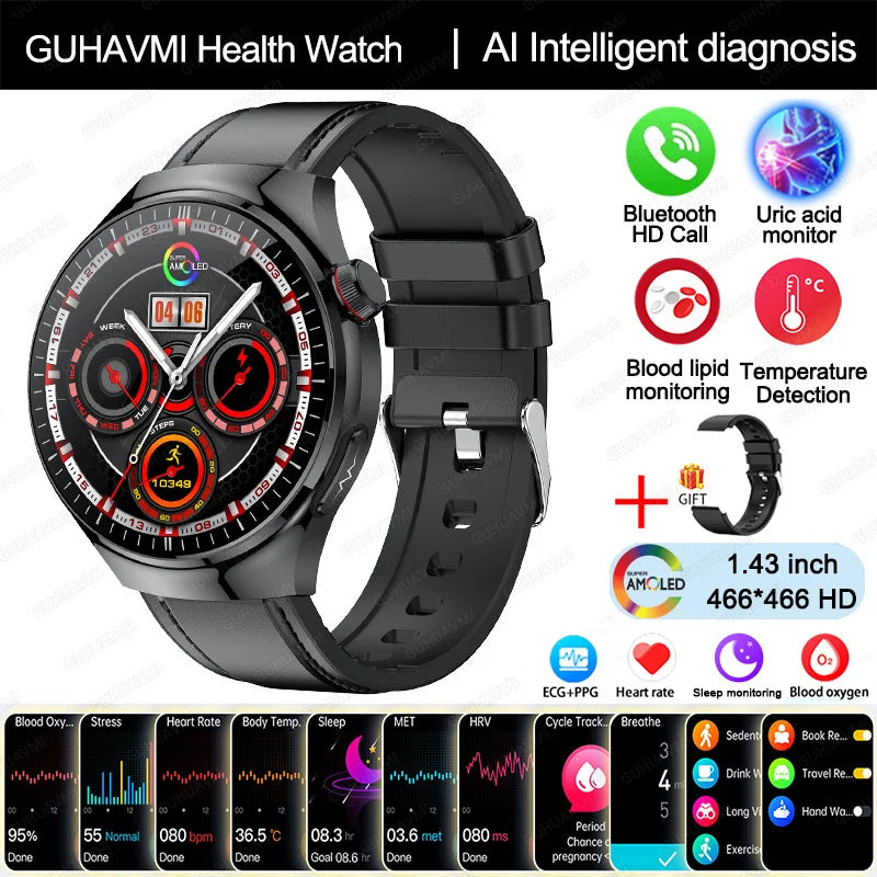 2025 New Nursing Grade Smart Watch Blood oxygen Blood Lipid Uric Acid ECG+PPG Body Temperature Bluetooth Call Health Smartwatch