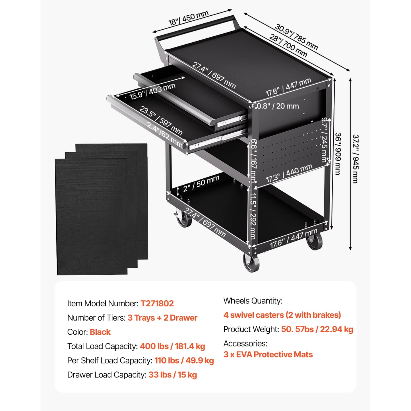 SucceBuy 5-Tier Tool Chest 2-Drawer Rolling Tool Work Cart with Locking & Pegboard Tools Storage Organizer for Garage Warehouse