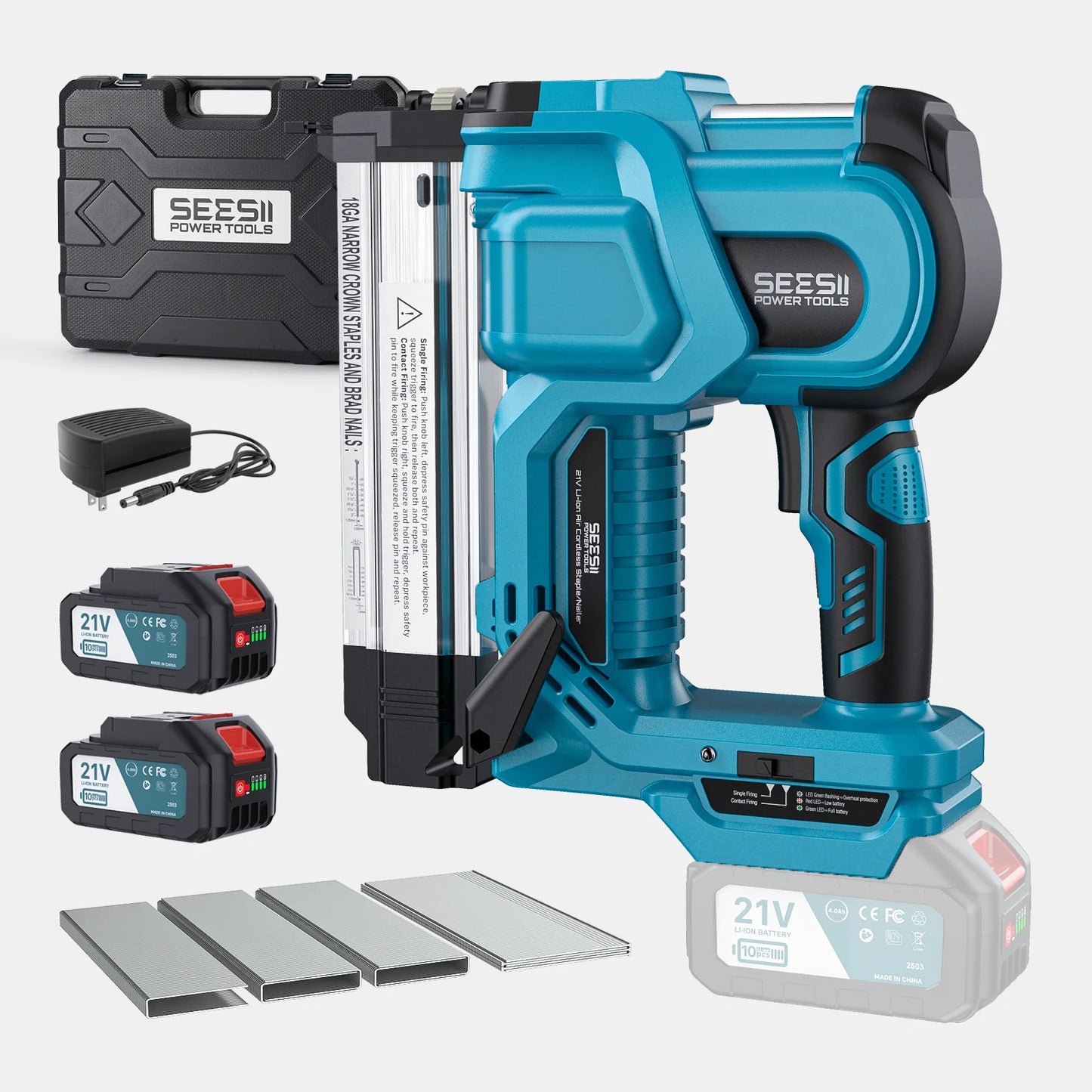 SEESII Electric Impact Nail Gun 1000pcs Nails/Staples Woodworking 2 in 1 Stapler Gun Electric Nail Gun DIY Tools 4.0Ah Battery