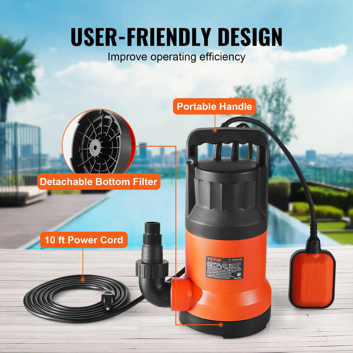 SucceBuy Utility Pump 1HP 4000GPH High Flow 31ft Head Sump Submersible Water Pump with 10ft Long Power Cord for Draining Water