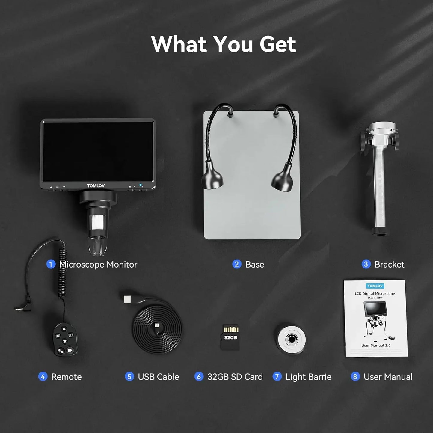 TOMLOV DM9 7" LCD Digital Microscope 1200X 1080P Coin Microscope Magnifier 12MP Ultra-Precise Focusing Soldering Microscope