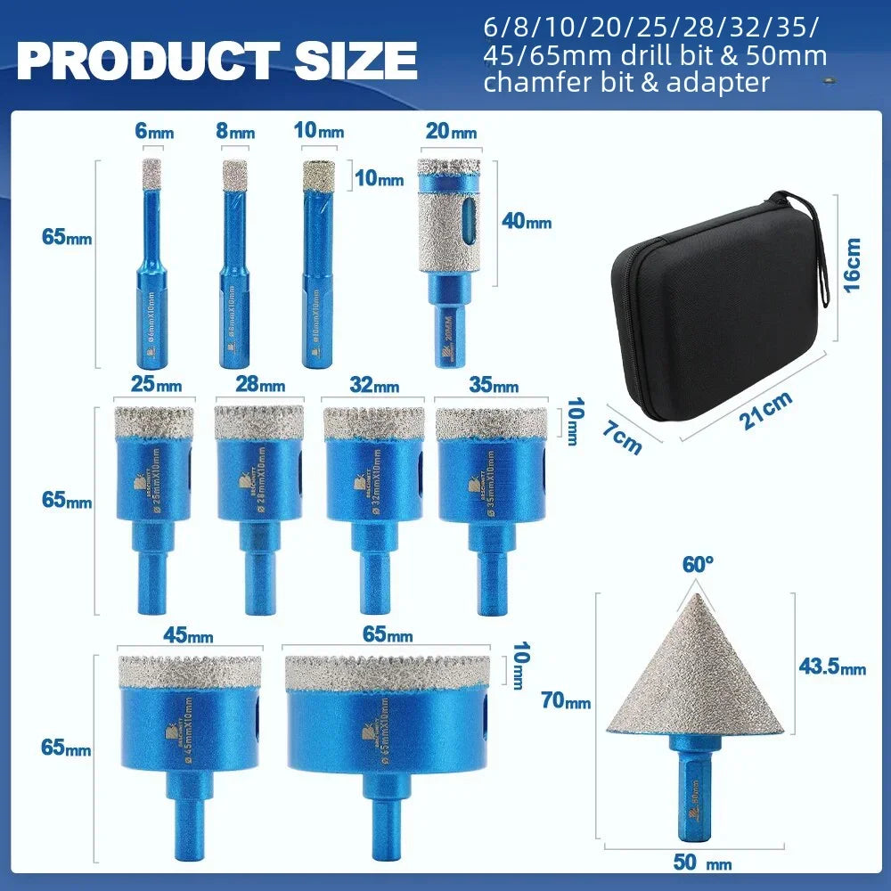 BRSCHNITT Diamond Drill Bits Set 11Pcs Ceramic Marble Granite Chamfer Drill Bit Milling Cutter, Hole Saw Drill Core Bit Kit for Tile Stone Concrete Glass Porcelain Quartz Drilling Cutting Chamfering Hole Making DIY Power Tool