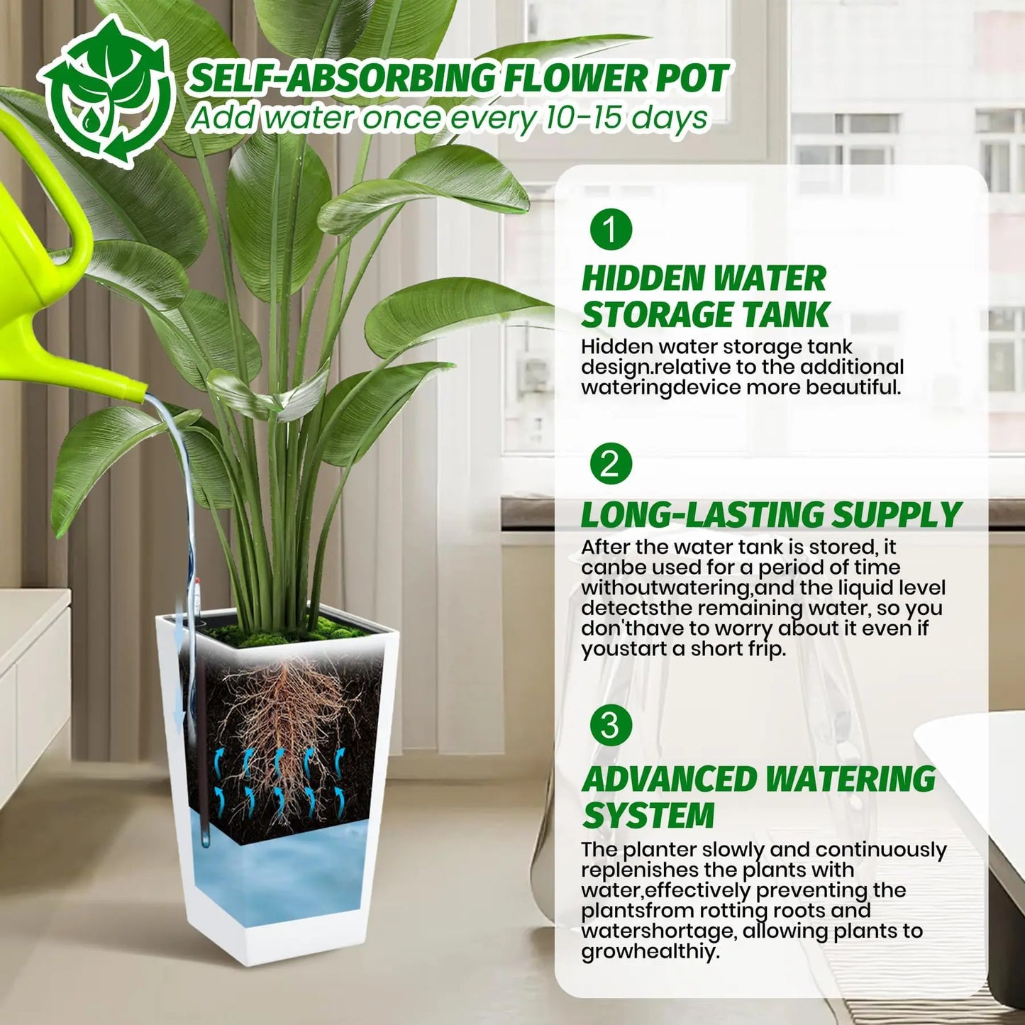 15.7"/22.5" Tall Planters Set Of 2, Self Watering Indoor Outdoor Front Porch Planter Pots With Drainage & Monitor Bucket