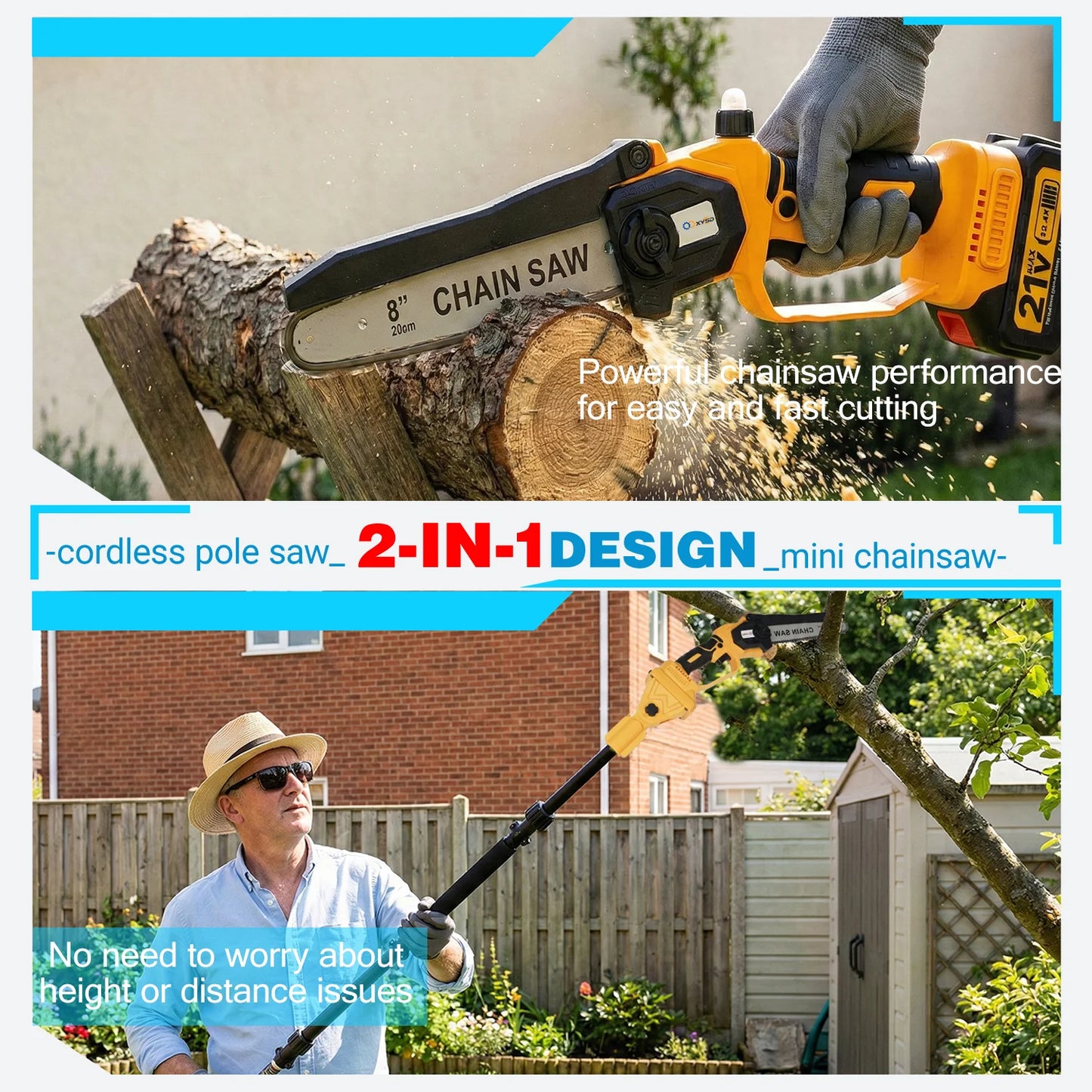 2-in-1 Electric Pole Saws, 6"&8"Cordless Power Saw with Extension Pole, Two 21V 3.0Ah Batteries for Wood Cutting/Tree Trimming