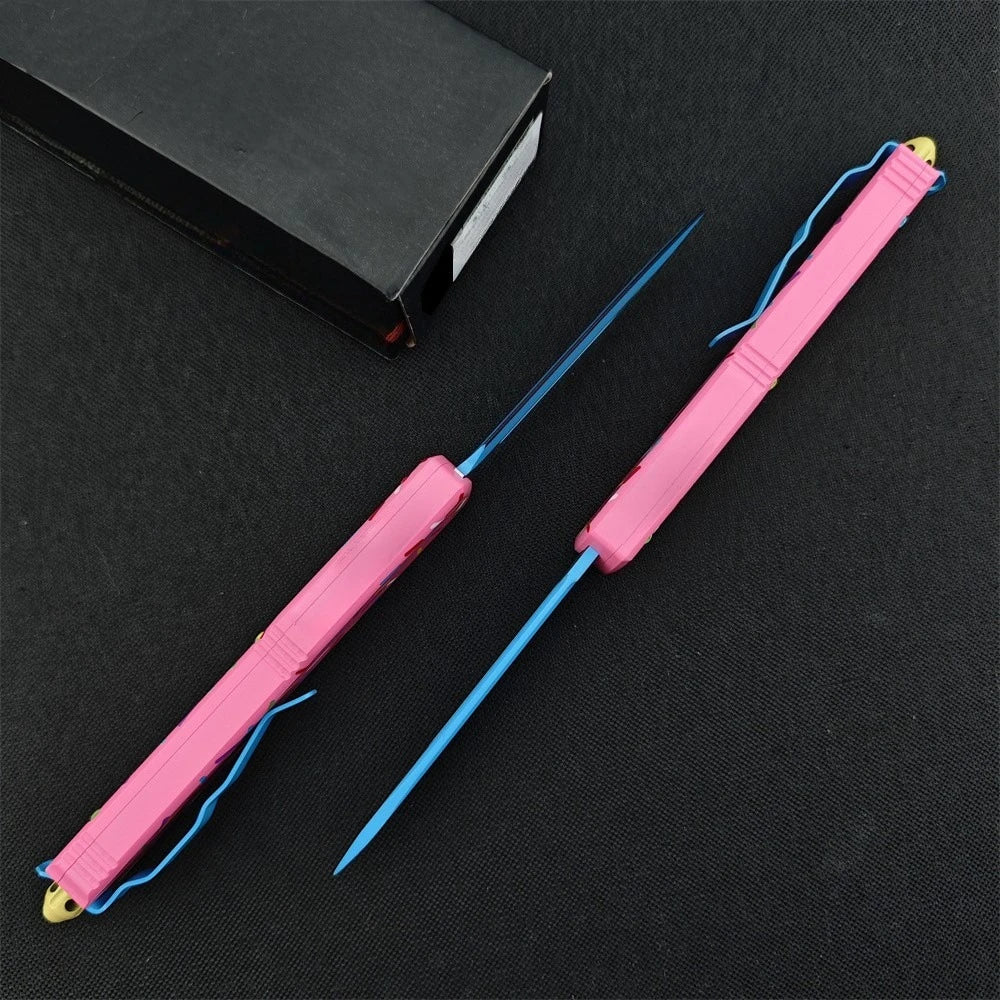 Outdoor Tactical Folding Knife 3.46 Inch D2 Blade T6 Aluminum Pink Donut Handle Deep Pocket Clip EDC Camping Hiking Hunting Tool