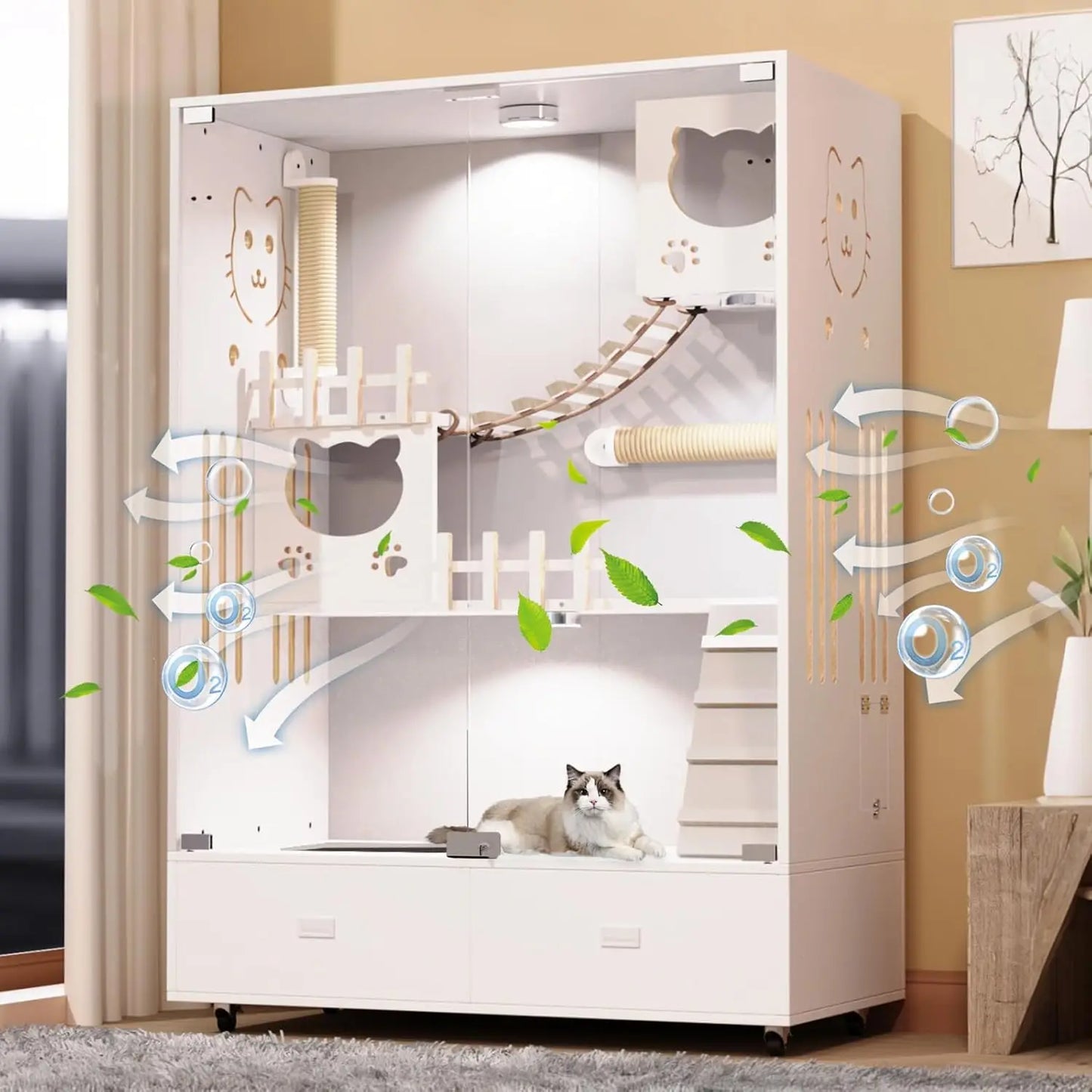 Large Wooden Cat Enclosure Indoor Villa Drawer Wheels Glass Doors 57x36x24 White, Customized