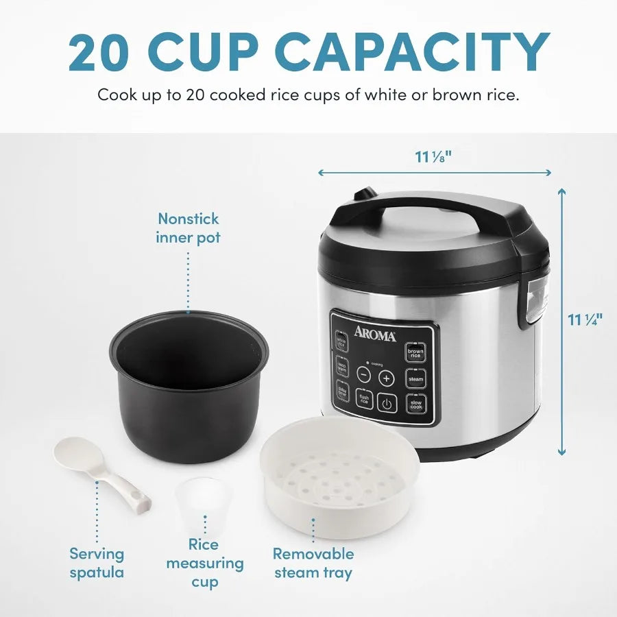 20 Cup Cooked 10 Cup Uncooked Digital Rice Cooker with Slow Cooking and Food Steaming Functions Stainless Steel Exterior for Ho