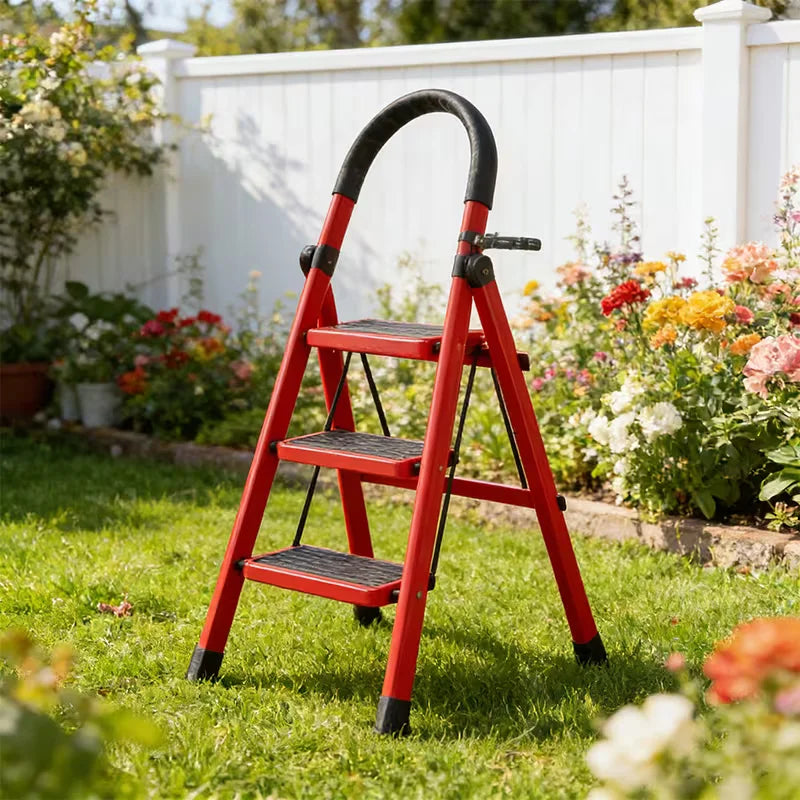 Red 3-Step Foldable Ladder with Tool Shelf & Anti-Slip Foot Pads - Reinforced Steel Frame, Glue Cotton Handle, Compact Storage for Home, Office & DIY Projects