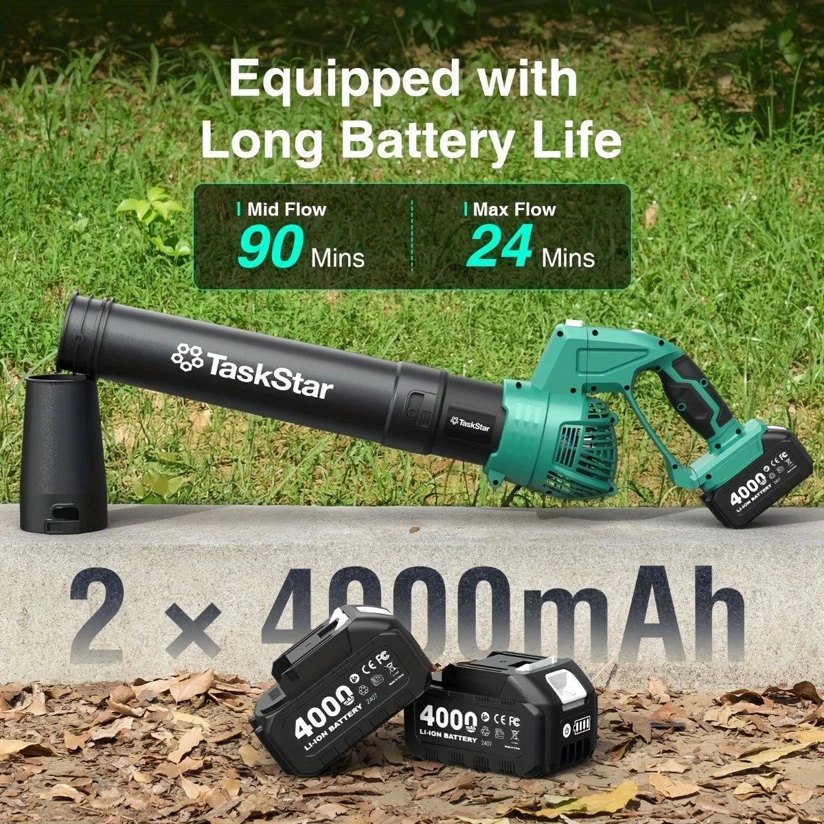 TaskStar Electric Leaf Blower 550CFM Brushed Motor 5-Speed 150MPH Rotating Head Airblower For Lawn Garden 4.0Ah Battery Powered