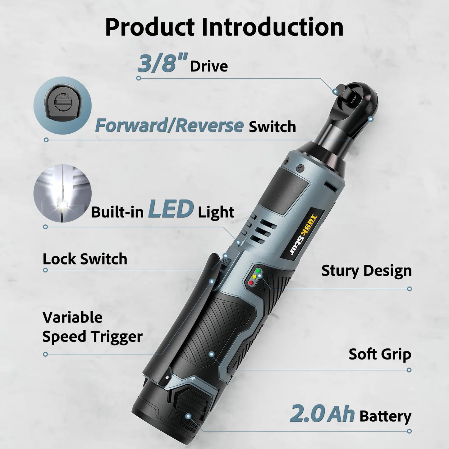 TaskStar 12V 3/8" Electric Ratchet Wrench Set w/ 2.0Ah Battery Rechargeable Angle Wrench 40Nm Disassembly Nut Car Repair Tool