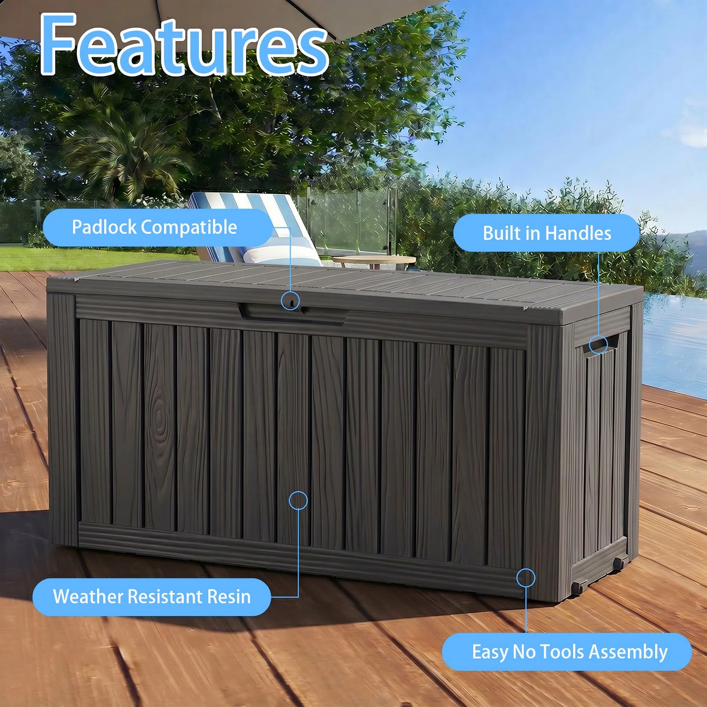 75 Gallon Black Outdoor Storage Box Waterproof Resin Deck Box with Wheels Lockable Patio Garden Storage Container for Cushions Tools Pool Supplies