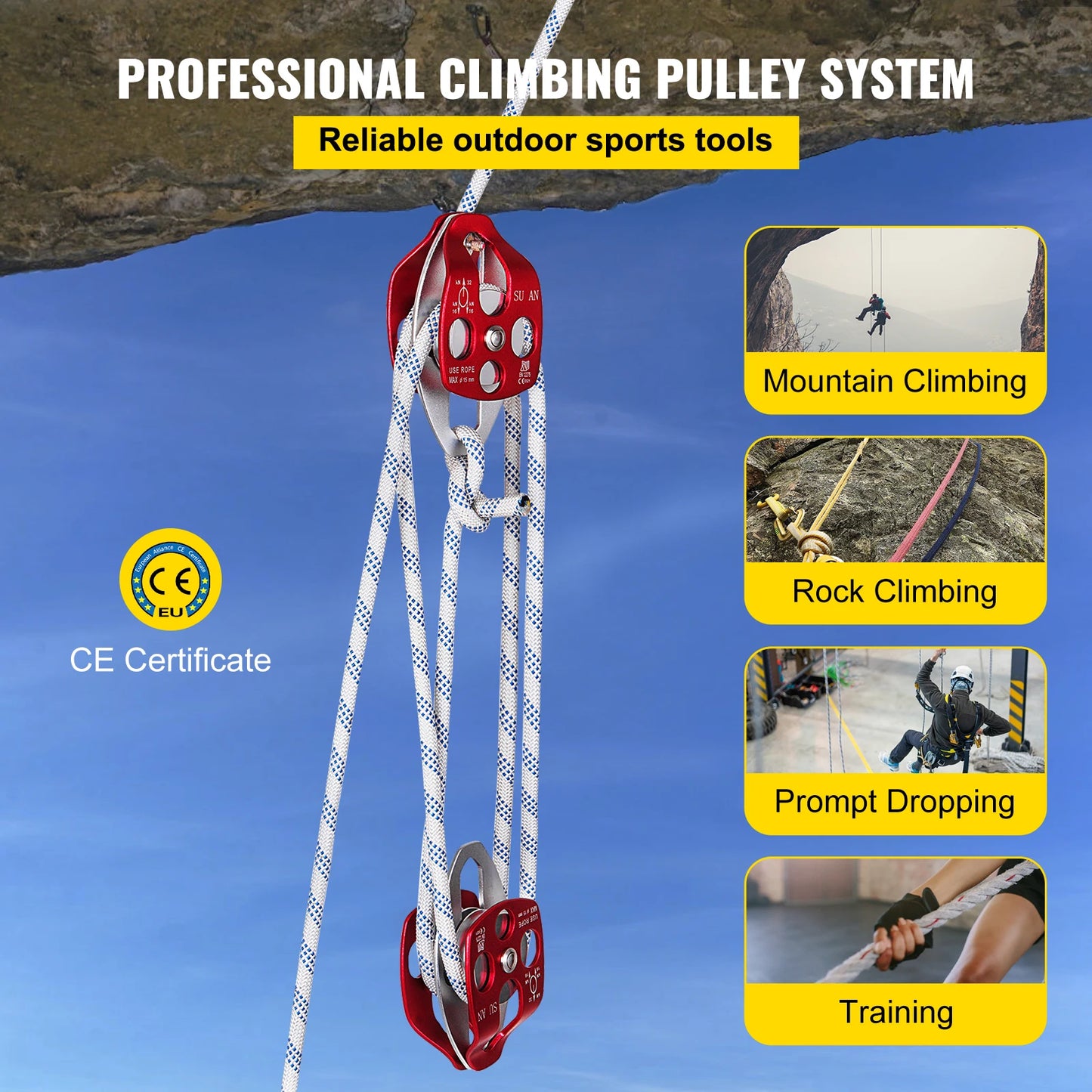 SucceBuy 6600lbs 7700lbs Twin Sheave Block and Tackle Heavy Duty Pulley 7/16InchDouble BraidRope for Outdoor Rescue TreeClimbing