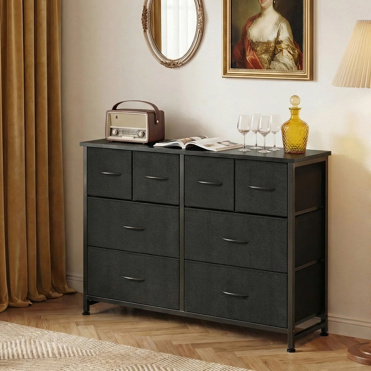 JHK Modern Fabric Drawer Dresser With Metal Frame For Home