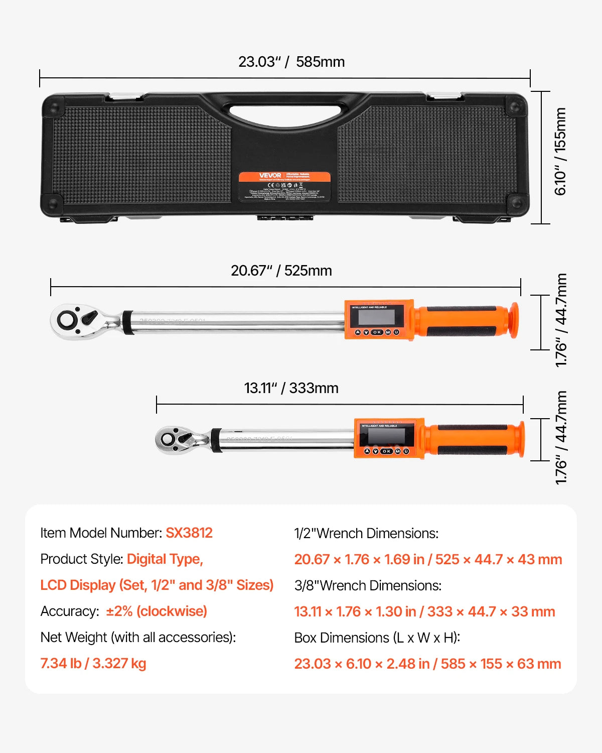 SucceBuy Digital Torque Wrench 72-Tooth ±2% High Accuracy Electronic Torque Wrench Preset Value Buzzer and LED Notification