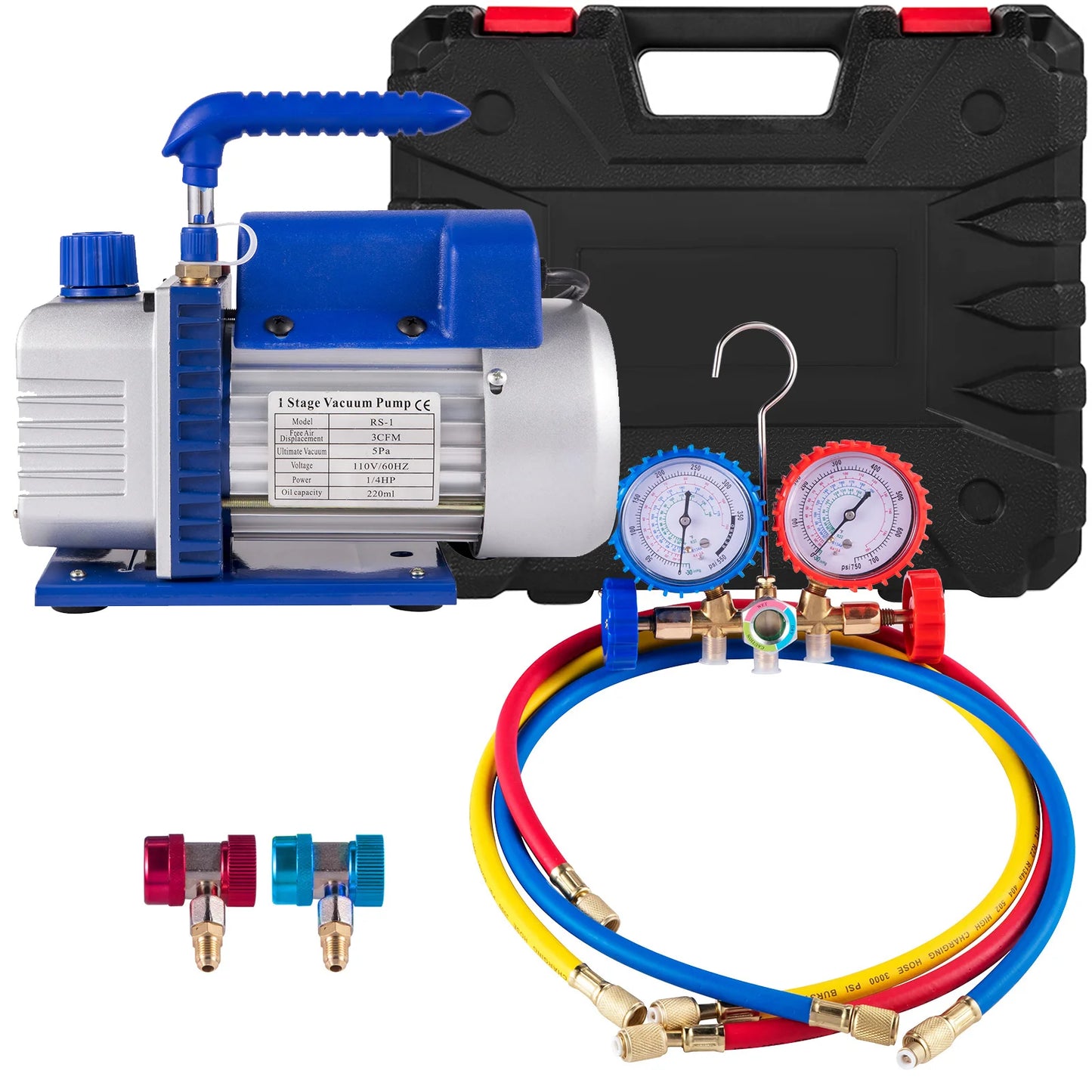 SucceBuy 3CFM 1/4HP Single Stage Air Vacuum Pump HVAC R134a R12 R22 R410a A/C Refrigeration Kit AC Manifold Gauge R134 Can Tap