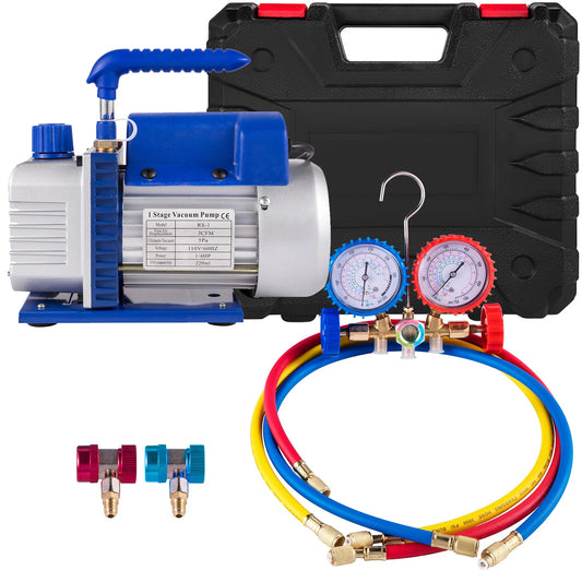 SucceBuy 3CFM 1/4HP Single Stage Air Vacuum Pump HVAC R134a R12 R22 R410a A/C Refrigeration Kit AC Manifold Gauge R134 Can Tap