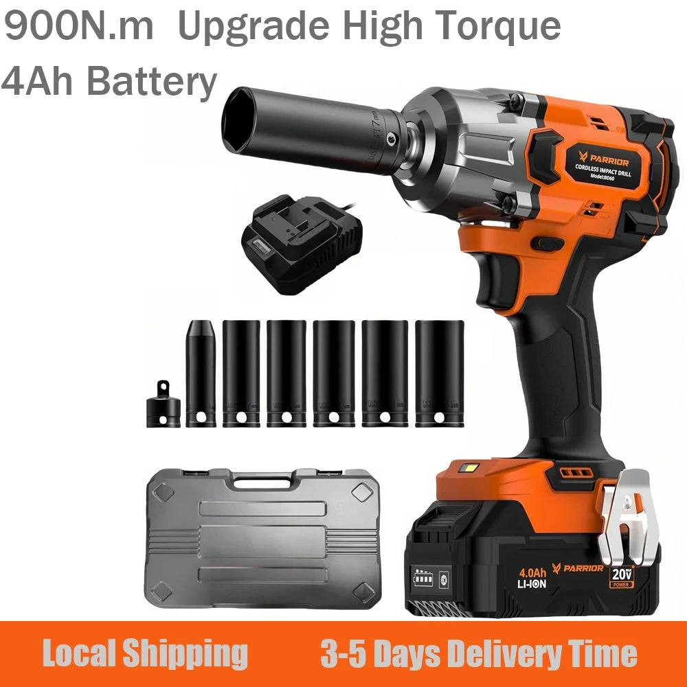 Impact Wrench 3-Speed Torque (380/600/900N.m) 1/2" Chuck + 3/8" Adapter 4Ah Battery & 2.0A Fast Charger (60min Charge) 6 Sockets Included – For Automotive Repair Heavy-Duty Tasks DIY