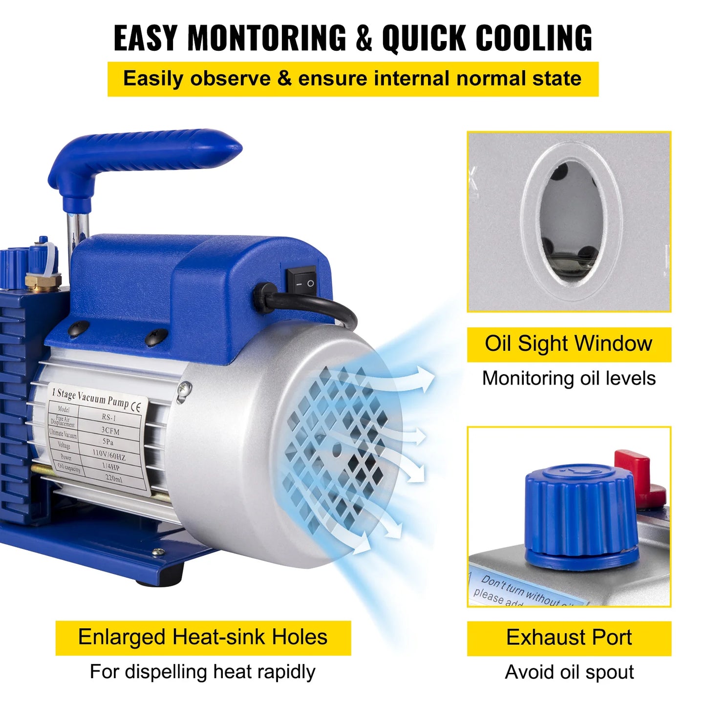 SucceBuy 3CFM 1/4HP Single Stage Air Vacuum Pump HVAC R134a R12 R22 R410a A/C Refrigeration Kit AC Manifold Gauge R134 Can Tap